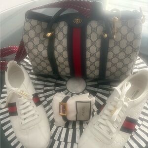 Gucci Navy  Satchel with Red and Gold Accents, gucci sneakers and Gucci watch